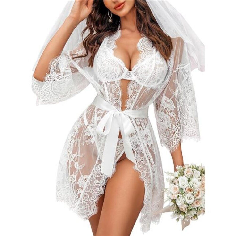 Women's Lace Kimono Robe Babydoll Lingerie Mesh Nightgown